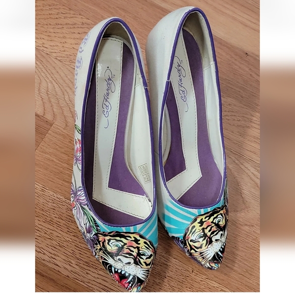 RARE Ed HARDY PUMPS VINTAGE  SIZE US 7 Christian Audigier Designer Canvas - Picture 12 of 12